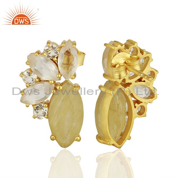 Suppliers Golden Rutile Gemstone 925 Silver Fashion Stud Earrings Jewelry