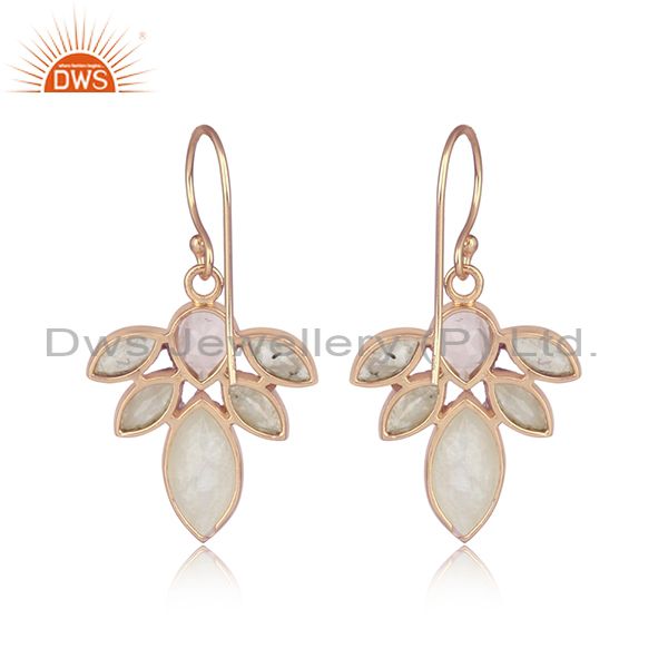 Rose quartz, rainbow moonstone rose silver floral earrings