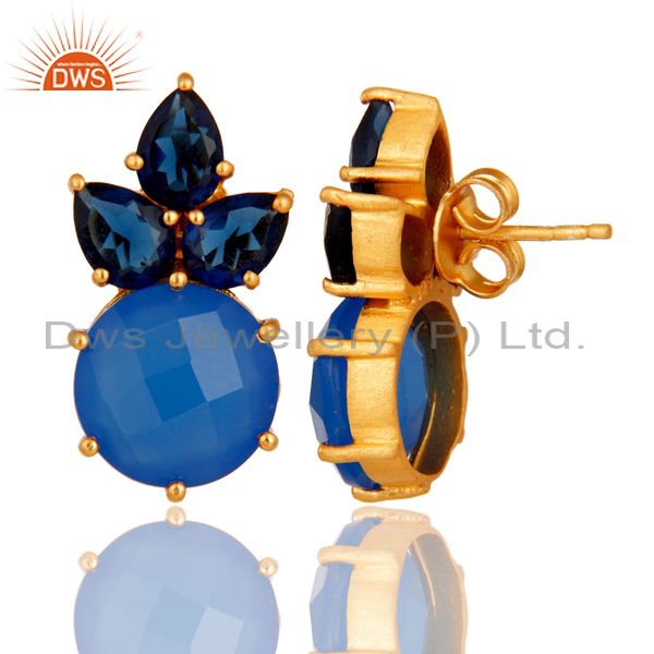 Designers 18K Yellow Gold Plated Sterling Silver Blue Chalcedony Corundum Stud Earrings