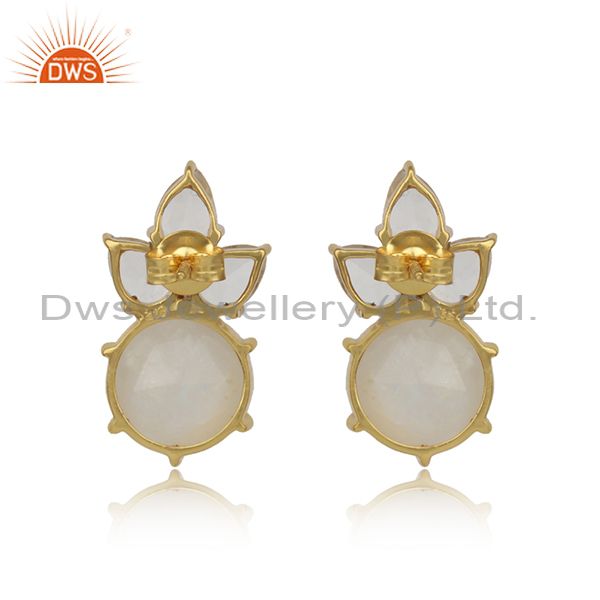 Floral gold plated silver studs with rainbow moonstone, crystal