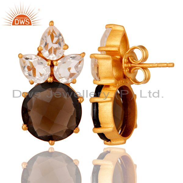 Designers Gold Plated Sterling Silver Crystal Quartz And Smoky Quartz Post Stud Earring