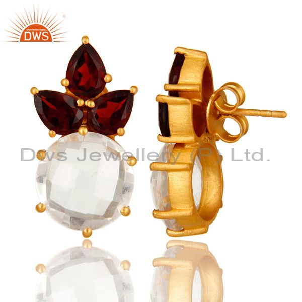 Designers 14K Yellow Gold Plated Sterling Silver Garnet And Crystal Quartz Stud Earrings