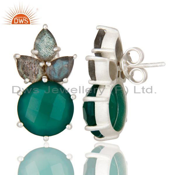 Designers 925 Sterling Silver Green Onyx And Labradorite Prong Set Gemstone Stud Earrings