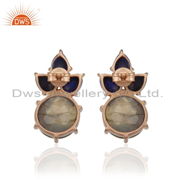 Suppliers Labradorite Gemstone 925 Silver Rose Gold Plated Stud Earrings Manufacturer