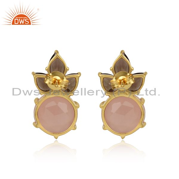 Floral gold plated silver earring with rose chalcedony and smoky