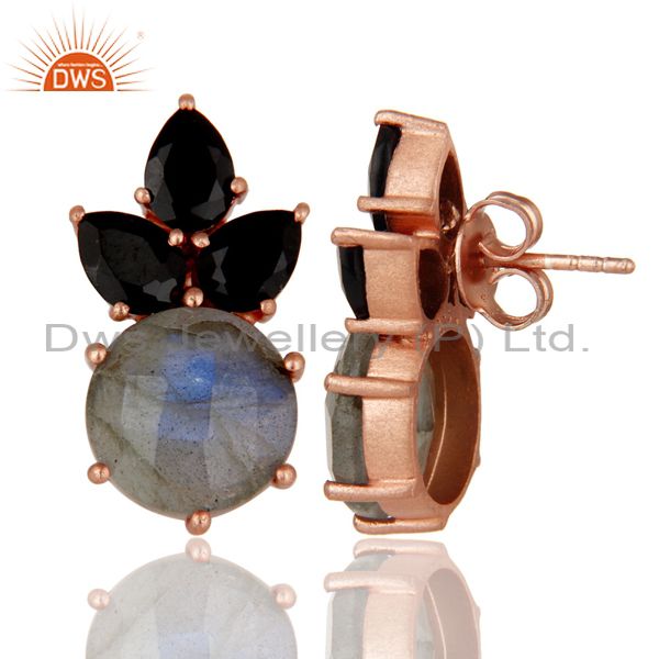 Designers 22K Rose Gold Plated Sterling Silver Black Onyx And Labradorite Stud Earrings