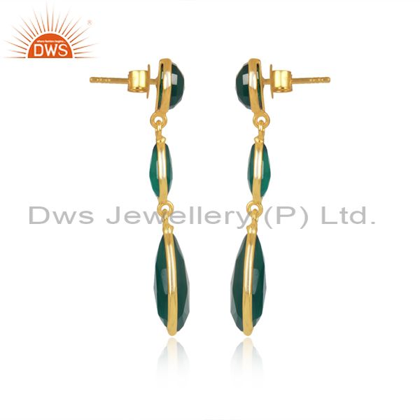 Pear Cut Green Onyx Set 18K Brass Gold Long Drop Earrings