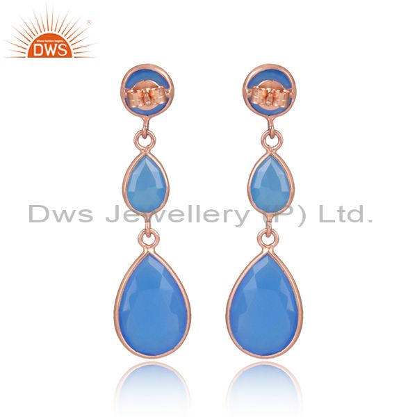 Suppliers Blue Chalcedony Gemstone Rose Gold Plated 925 Silver Dangle Earrings Supplier