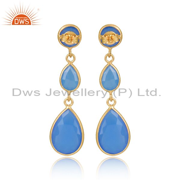 Designers Blue Aqua Chalcedony Faceted Gemstone Dangle Earrings In 18K Gold Over Sterling