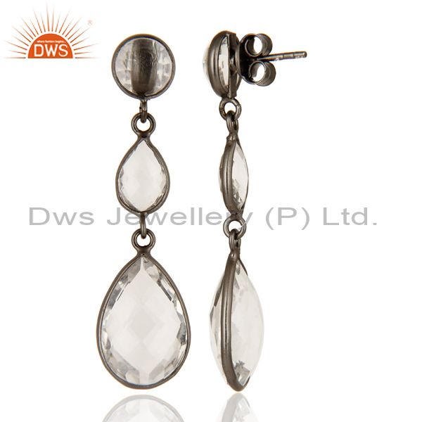 Designers Oxidized Solid Sterling Silver Crystal Quartz Gemstone Bezel Set Dangle Earrings