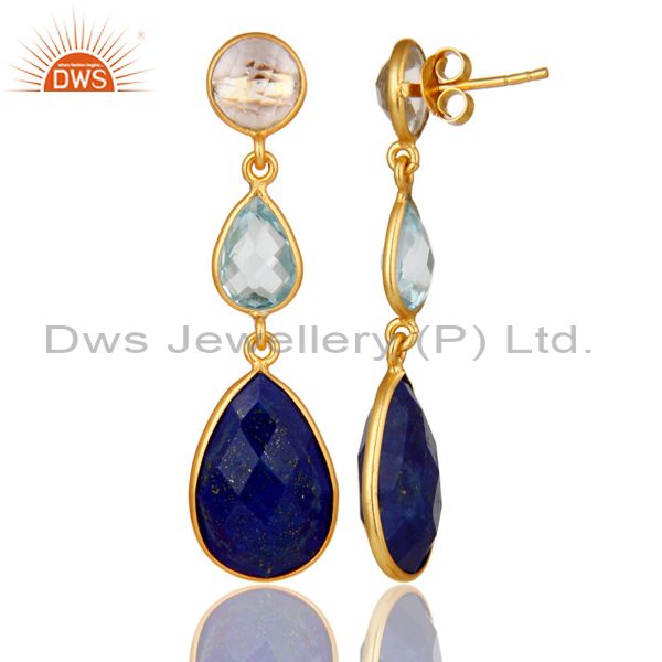 Designers Lapis Blue Topaz and Crystal Gemstone Dangle Earring 18K Gold Over 925 Silver