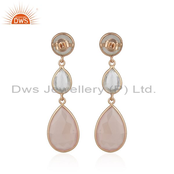 Suppliers 18K Rose Gold Plated Silver Crystal Quartz And Rose Chalcedony Drop Earrings