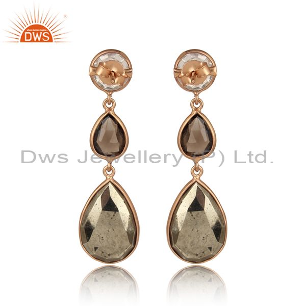18K Gold Plated Sterling Silver Crystal, Smoky Quartz And Pyrite Drop Earrings