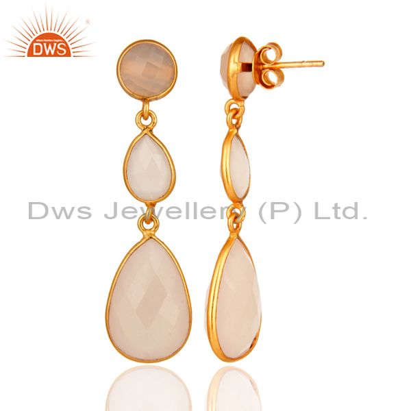Designers Gold Plated 925 Silver Faceted Dyed Rose Chalcedony Bezel-Set Dangle Earrings