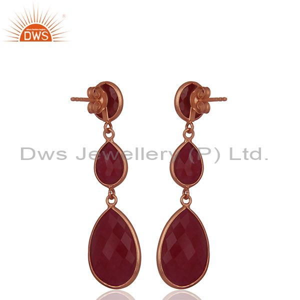 Wholesalers 18K Rose Gold Plated Sterling Silver Faceted Ruby Gemstone Triple Drop Earrings