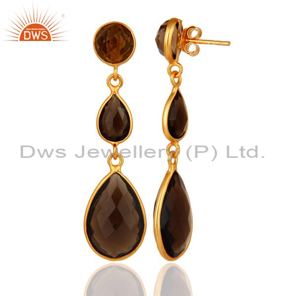 Designers Natural Smoky Quartz Faceted Bezel Set Teardrop Earrings In Gold Plated Silver