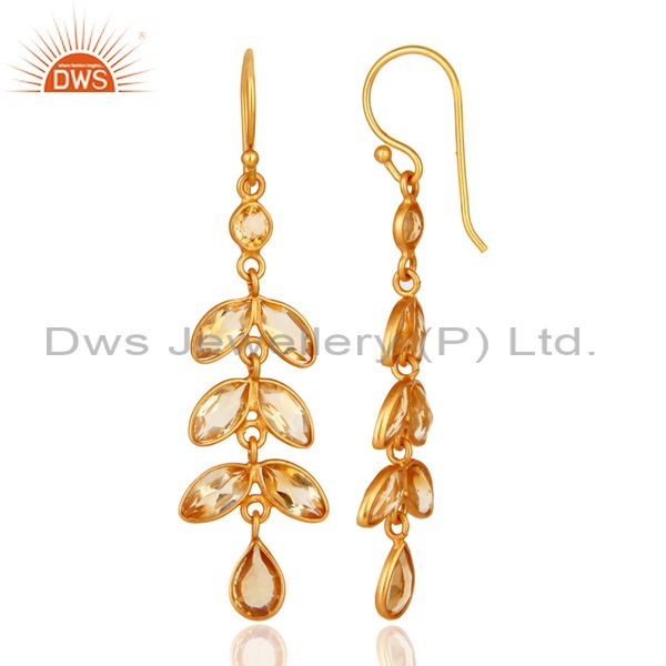 Designers 18K Yellow Gold Plated Sterling Silver Citrine Gemstone Leaf Dangle Earrings