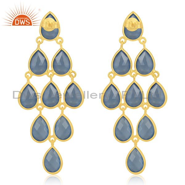 Suppliers 925 Silver Handmade Gold Plated Blue Chalcedony Gemstone Earring Supplier