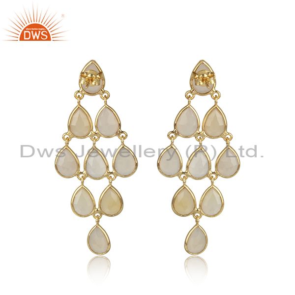 White chalcedony gemstone designer gold plated silver earrings