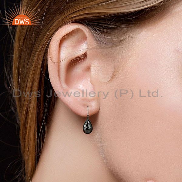 Designers Black Rhodium Plated Sterling Silver Faceted Pyrite Bezel Set Drop Earrings