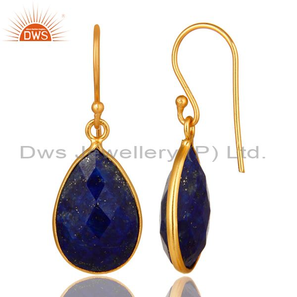 Suppliers 18K Yellow Gold Plated Sterling Silver Lapis Lazuli Faceted Bezel Drop Earrings
