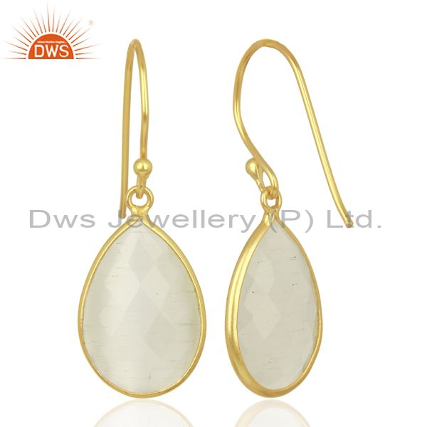 Suppliers 14K Yellow Gold Plated Sterling Silver White Moonstone Bezel Set Drop Earrings
