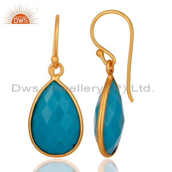 Suppliers 18K Yellow Gold Plated Sterling Silver Faceted Turquoise Bezel Teardrop Earrings