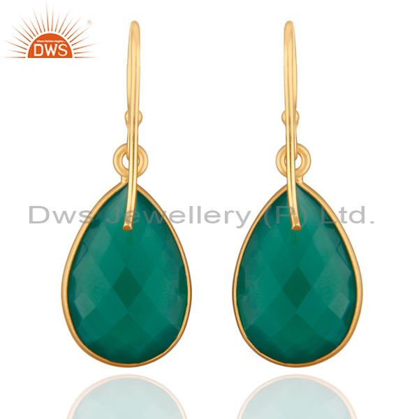 Designers 925 Sterling Silver Faceted Green Onyx Gemstone Drop Earrings - Gold Plated