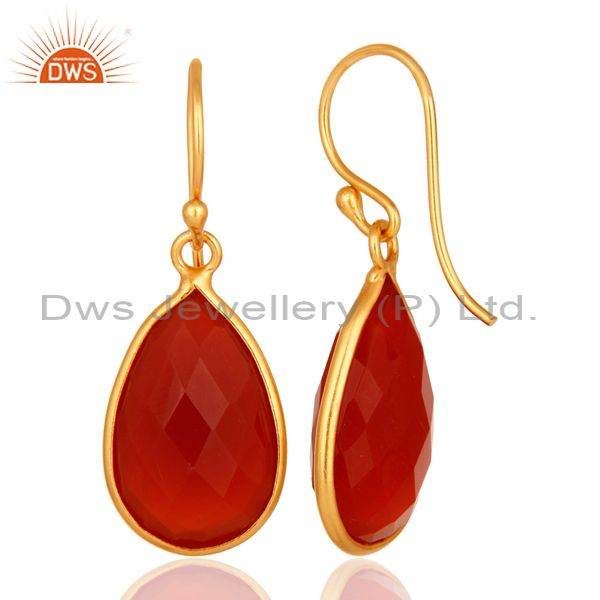 Designers Natural Red Onyx Gold Plated Sterling Silver Bezel-Set Gemstone Drop Earrings