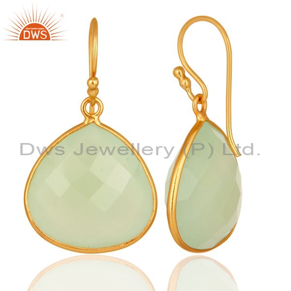 Designers 18K Gold Plated Sterling Silver Bezel-Set Green Chalcedony Faceted Drop Earrings