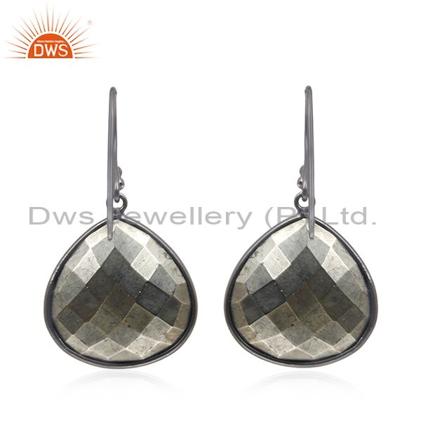 Suppliers Oxidized Sterling Silver Faceted Golden Pyrite Bezel Set Dangle Earrings