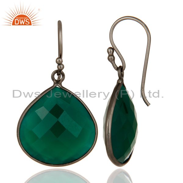 Suppliers Oxidized Sterling Silver Faceted Green Onyx Bezel Set Gemstone Drop Earrings