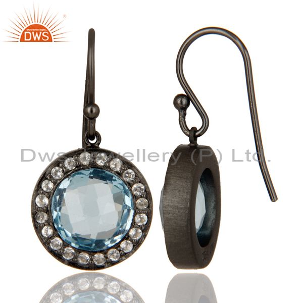 Designers Oxidized Sterling Silver Blue Topaz And White Topaz Halo Dangle Earrings