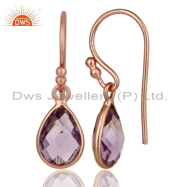 Designers 18K Rose Gold Plated Sterling Silver Amethyst Gemstone Bezel Dangle Earrings