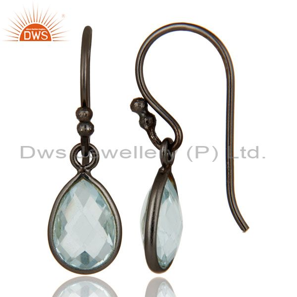 Designers 925 Sterling Silver With Oxidized Blue Topaz Gemstone Bezel Set Dangle Earrings