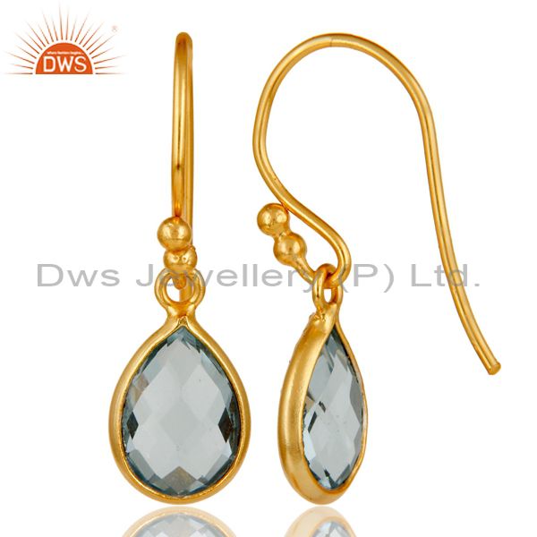 Designers 18k Gold Plated Sterling Silver Blue Topaz Gemstone Bezel Set Dangle Earrings