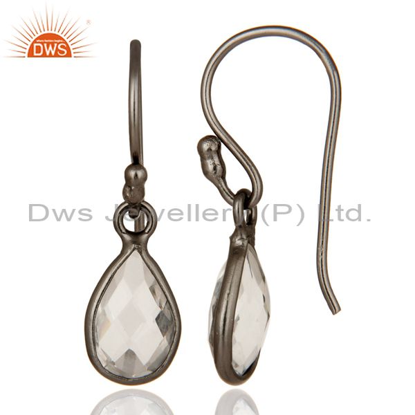Designers Oxidized Sterling Silver Faceted Crystal Quartz Bezel Set Teardrop Earrings