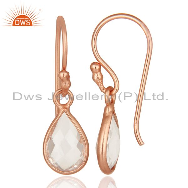 Designers 18K Rose Gold Plated Sterling Silver Crystal Quartz Gemstone Bezel Drop Earrings