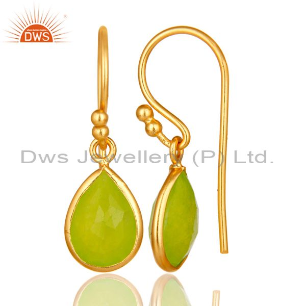 Designers 18K Yellow Gold Plated Sterling Silver Green Chalcedony Bezel Set Dangle Earring