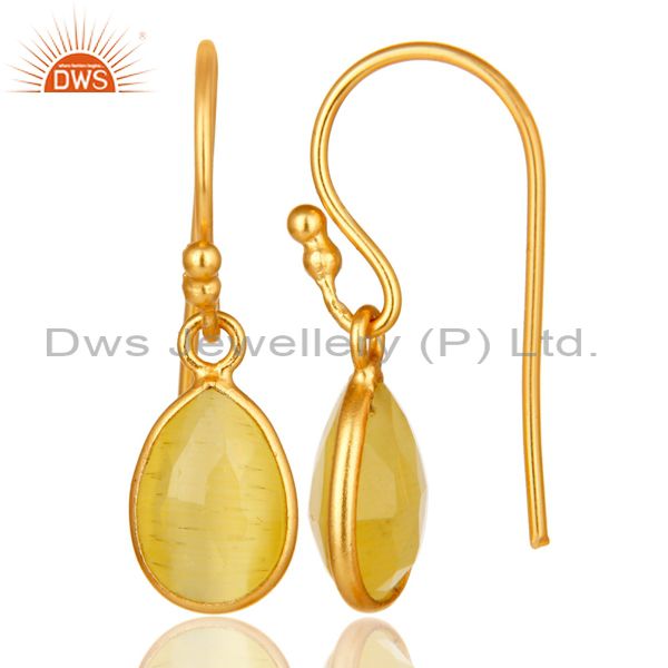Designers 22K Gold Plated Sterling Silver Yellow Moonstone Bezel Set Teardrop Earrings