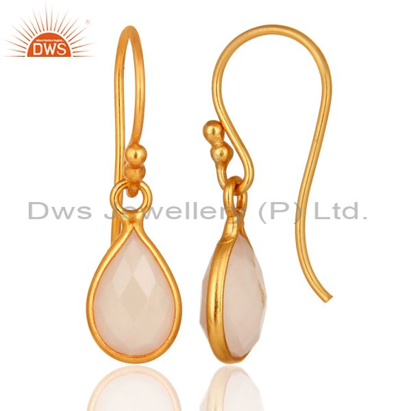 Designers 18K Yellow Gold Plated Sterling Silver Rose Chalcedony Bezel Set Dangle Earrings