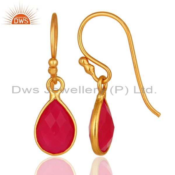 Designers 18K Yellow Gold Plated Sterling Silver Pink Chalcedony Bezel Set Drop Earrings