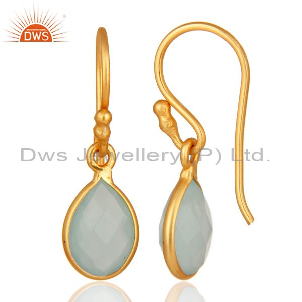 Designers 18K Yellow Gold Plated Dyed Aqua Chalcedony Gemstone Bezel Set Drop Earrings