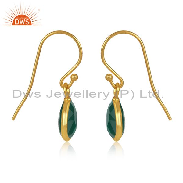 Designers 18K Yellow Gold Plated Sterling Silver Green Onyx Gemstone Dangle Earrings