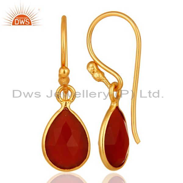 Designers 18K Yellow Gold Plated Sterling Silver Red Onyx Gemstone Dangle Earrings