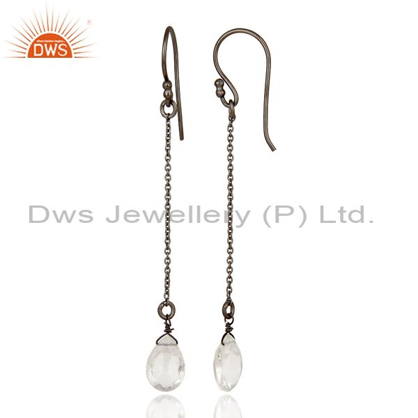 Designers Oxidized Solid Sterling Silver Crystal Quartz Link Chain Dangle Earrings