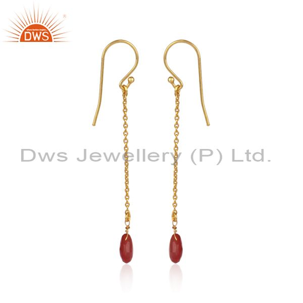 Suppliers Red Onyx Gemstone Handmade 925 Silver Chain Gold Plated Earrings