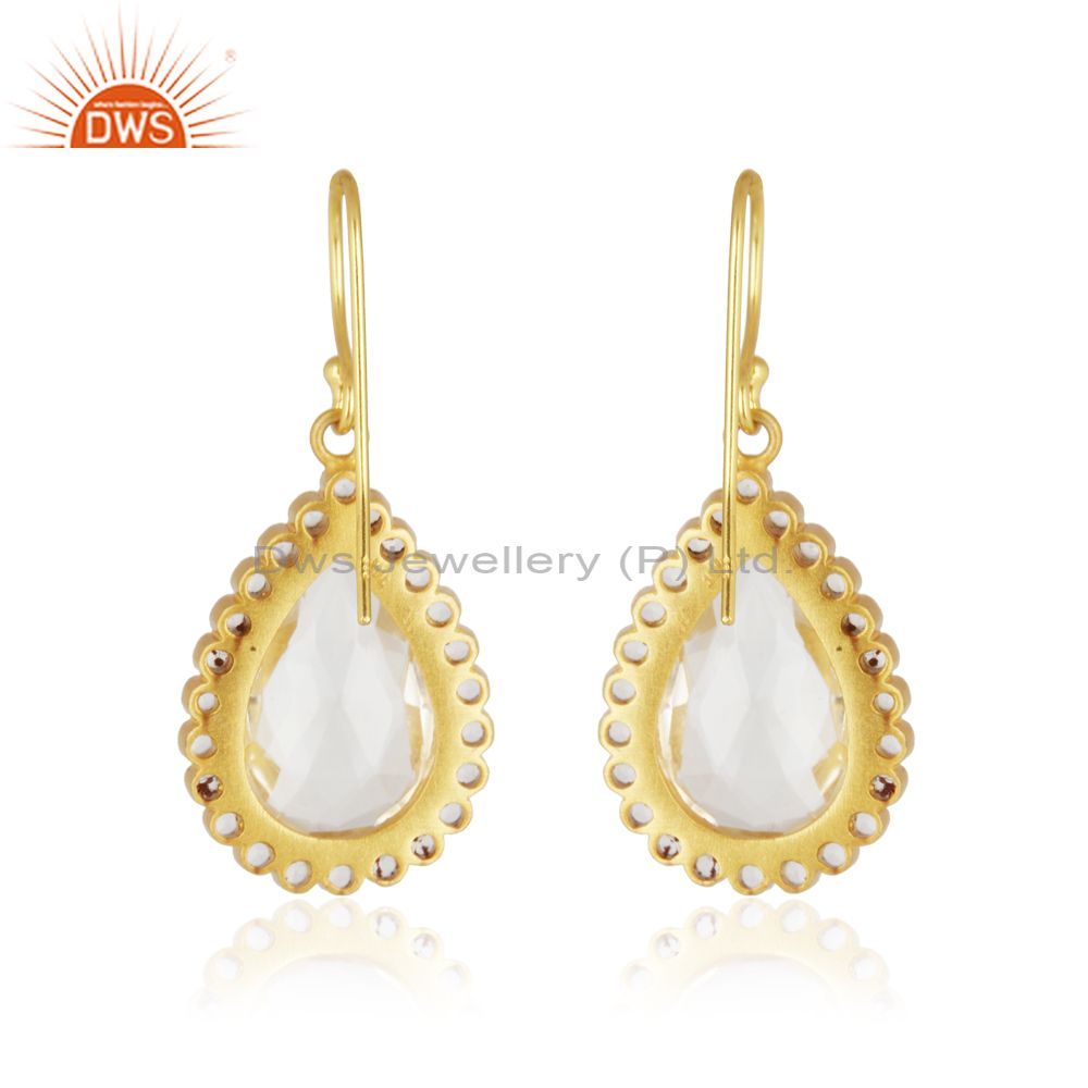 Suppliers 18K Yellow Gold Plated Sterling Silver White Topaz & Crystal Quartz Drop Earring