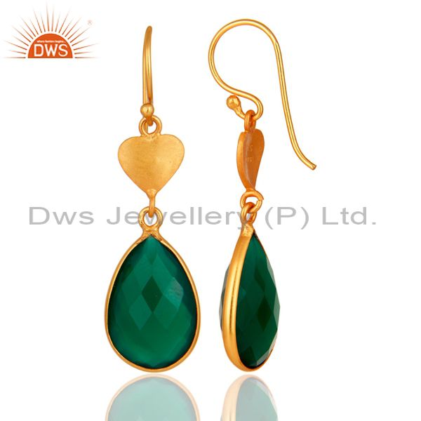 Designers 18K Yellow Gold Over Sterling Silver Green Onyx Faceted Drop Earrings