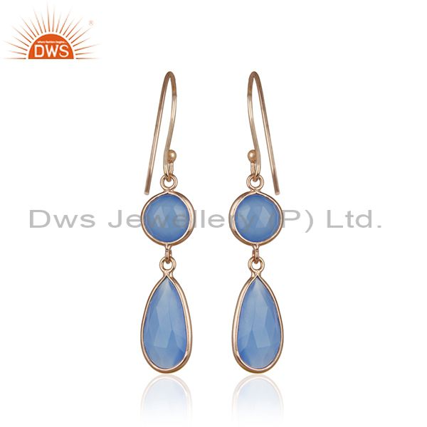 Suppliers Blue Chalcedony Gemstone Rose Gold Plated 925 Silver Earring Manufacturers